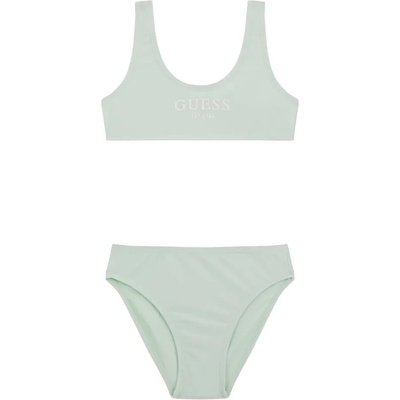 GUESS Бански от две части в бледо зелен цвят за момиче с бял надпис Guess