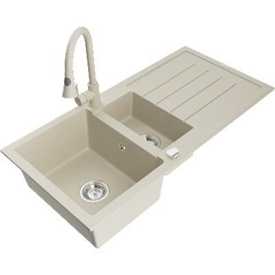 Mexen Andres мивка от гранит 1, 5-камерна с отцедник и кухненски смесител Elia, бежов - 6515-69-670101-69 (6515-69-670101-69)