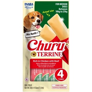Inaba Foods Dog Churu Terrine - Лакомство за кучета, фин крем с Пиле и Телешко, 4 броя х 30 грама, Япония EUD532