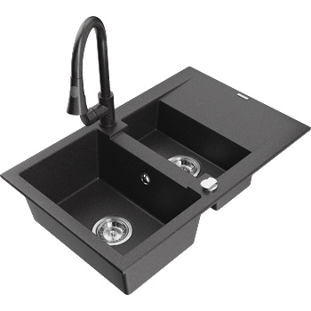 Mexen Gaspar гранитна мивка 1, 5-камерна с дренаж и кухненски кран Elia, черно на точки - 6507-76-670101-76 (6507-76-670101-76)