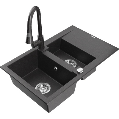 Mexen Gaspar гранитна мивка 1, 5-камерна с дренаж и кухненски кран Elia, черно на точки - 6507-76-670101-76 (6507-76-670101-76)