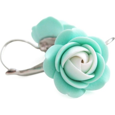 Troli bielo-mentolové visiace náušnice kytičky stO1025