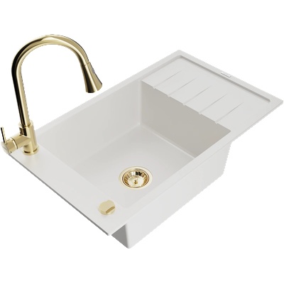 Mexen Elias мивка от гранит с 1 отделение с отцедник и кухненски смесител Elia, бял - 6511-20-670101-50 (6511-20-670101-50)