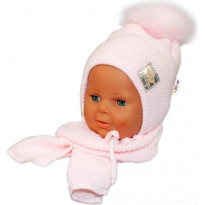 Baby Nellys Zimná čiapočka s šálom chlupáčková Bambulka sv. ružová/sv. ružová