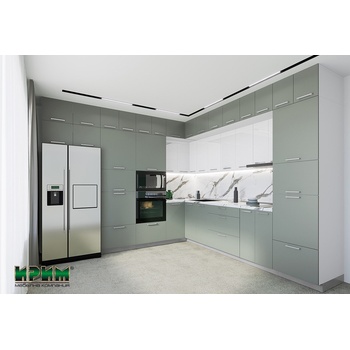 IRIM Ъглова кухня Сити 9127 бяло гладко / олив мат / бяло гланц