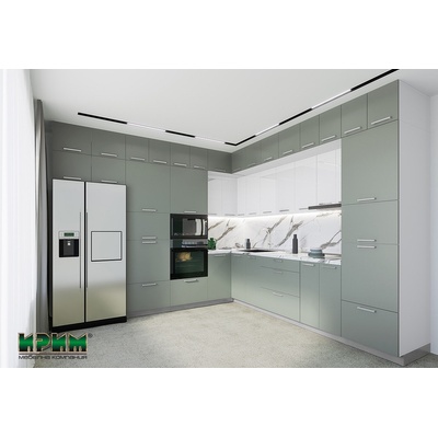 IRIM Ъглова кухня Сити 9127 бяло гладко / олив мат / бяло гланц