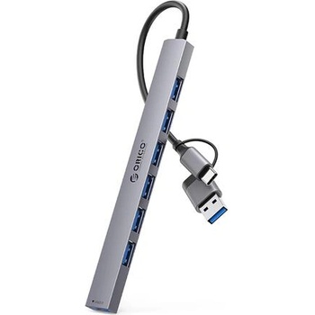 ORICO 7-портов USB хъб YSA2-U3 - USB-C/USB-A (хост), 1x USB-A 3.0 + 6x USB-A 2.0, 0.16 m кабел, сив (YSA2-U3)