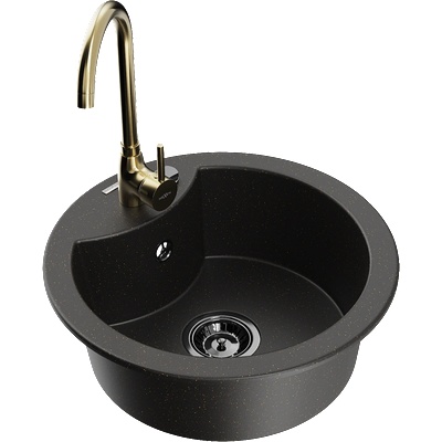 Mexen Diego мивка от гранит с 1 отделение с кухненски смесител Telma, черен/златен - 6512-75-670200-50-B (6512-75-670200-50-B)