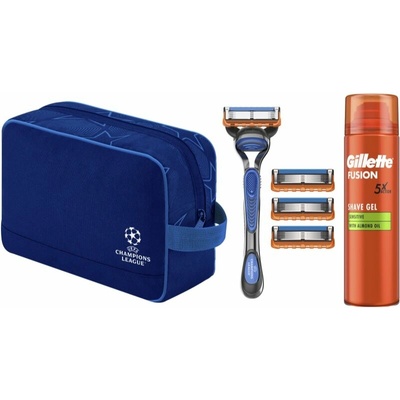 Gillette Fusion5 gél na holenie 200 ml + Fusion5 Champions League holiaci strojček 1 ks + Gillette Fusion5 náhradné žiletky 4 ks + kozmetická taška 1 ks
