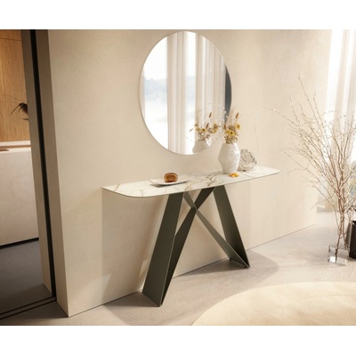 Delife Edge oválný tvar 140×40 cm keramika Calacatta Luxe bílá zlatá šedá Velio kov titanová barva