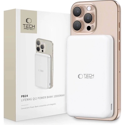 Преносима външна батерия с USB-C порт, USB-A изход и безжично зареждане с MagSafe - Tech-Protect LifeMag Qi2 Magnetic Wireless Charging Power Bank 10000 mAh 15W (бял) (PB24 (THP3573))