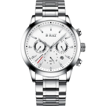 B Ray Мъжки часовник B Ray Chrono, Хронограф, Кварцов, Неръждаема стомана, Сребрист/Бял (B-RAY-9003-SILVER-WHITE)