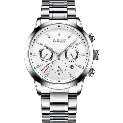 B Ray Мъжки часовник B Ray Chrono, Хронограф, Кварцов, Неръждаема стомана, Сребрист/Бял (B-RAY-9003-SILVER-WHITE)