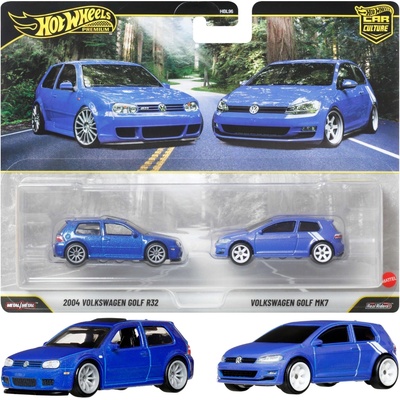 Mattel Hot Wheels: 2004 Volkswagen Golf R32 a Volkswagen Golf MK7 deluxe autíčko – balenie 2 ks