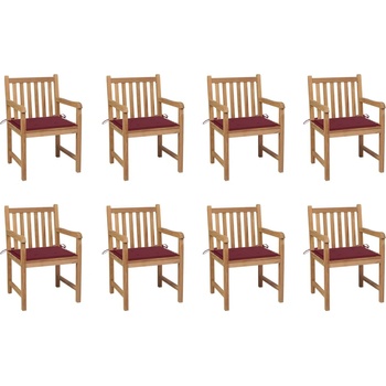 vidaXL Градински столове, 8 бр, с виненочервени възглавници, тик масив (3073067)