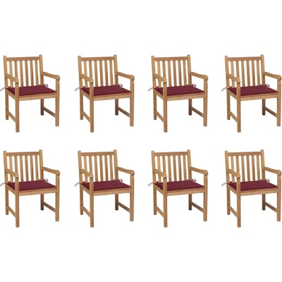 vidaXL Градински столове, 8 бр, с виненочервени възглавници, тик масив (3073067)