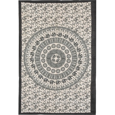 Sanu Babu Přehoz na postel s potiskem sloní mandala, béžový a černý tisk, 140x202cm