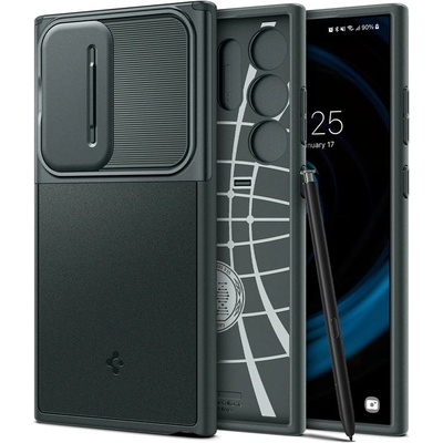 Spigen Optik Armor Case - тънък качествен силиконов (TPU) калъф с капак за камерата за Samsung Galaxy S24 Ultra (зелен)