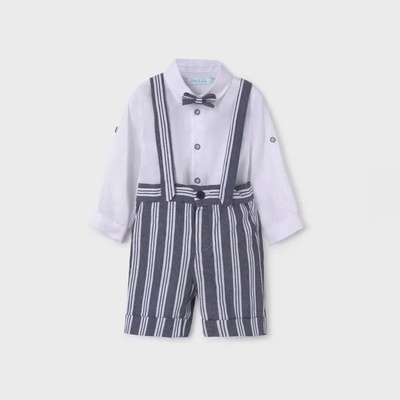 Abel & Lula Ленен комплект бяла риза и раиран къс панталон в бяло и синьо с тиранти за бебе момче Abel&Lula