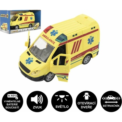 Teddies Auto ambulancie plast 20cm na zotrvačník na batérie so zvukom sa svetlom v krabici 26x15x12cm