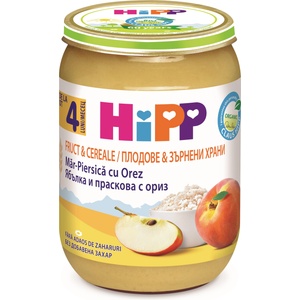 Hipp Био пълнозърнеста каша Hipp - Праскова, ябълка и ориз, 190 g (4703) - baby
