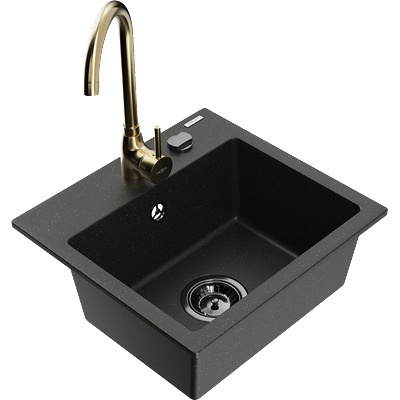 Mexen Milo мивка от гранит с 1 отделение и кухненски смесител Telma, черен/златен - 6505-75-670200-50-B (6505-75-670200-50-B)