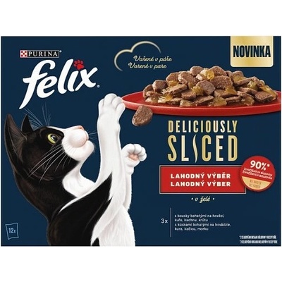 Felix deliciously sliced Tasty Shreds hovädzie kura kačka a morka v želé 12 x 80 g