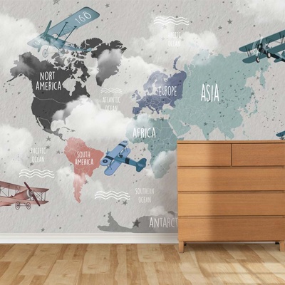 Decono Детски Фототапет Карта на Света със Самолети