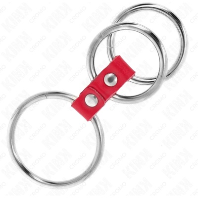 Пенис рингове от метал с кожена връзка - Triple Penis Ring Red (D-241287)