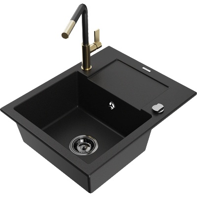 Mexen Enzo гранитна мивка с една камера и отцедник и кухненски смесител Flora, черен - 6506-77-670401-57-B (6506-77-670401-57-B)