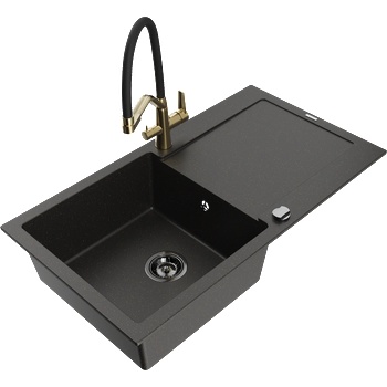 Mexen Leo гранитна кухненска мивка с 1 отделение, отцедник и кухненски смесител Duo, черен/златен металик - 6501-75-671701-57-B (6501-75-671701-57-B)