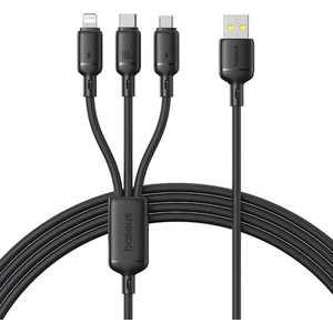 Baseus Универсален USB-A кабел с Lightning, microUSB и USB-C конектори - Baseus Silky 3-in-1 Universal Data Cable 100W (черен) (150cм) (P10377705123-00)
