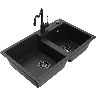 Mexen Tomas двоен гранитен кухненски мивка с батерия Carla, черен/златист металик - 6516-75-670700-70-B (6516-75-670700-70-B)