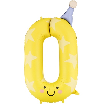 PartyDeco Fóliový balón narodeninové číslo 0 Žltý s klobúčikom 86 cm