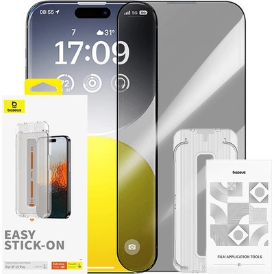 Baseus Sapphire Privacy Tempered Glass Film (0.30mm) - калено стъклено защитно покритие с определен ъгъл на виждане за дисплея на iPhone 15 Pro (черен-прозрачен)