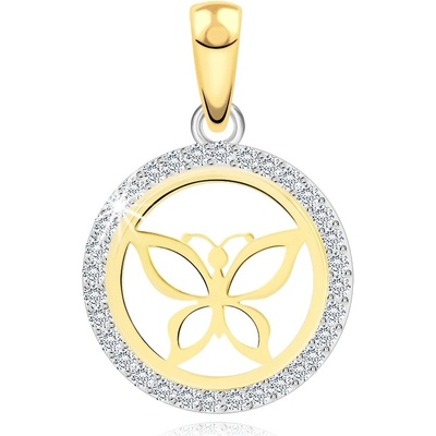 Šperky Eshop Přívěsek ze kombinovaného zlata motýl v obrysu kruhu, obruba ze zirkonů S3GG252.01