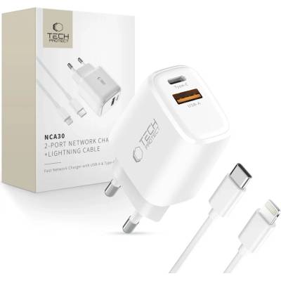 Tech-Protect NCA30 мрежово зарядно с 2 порта PD 30W / QC3.0 + Lightning кабел бял (5906302318735)