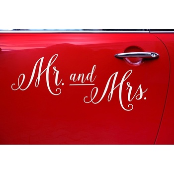 Nálepka bílá na auto Mr. and Mrs