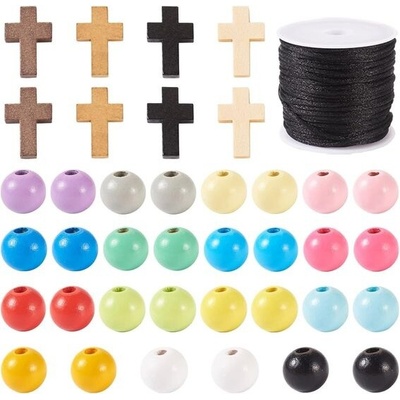 Přívěsky FASHEWELRY ve tvaru kříže, 12mm kulaté dřevěné korálky, barevné dřevěné podložky, korálky