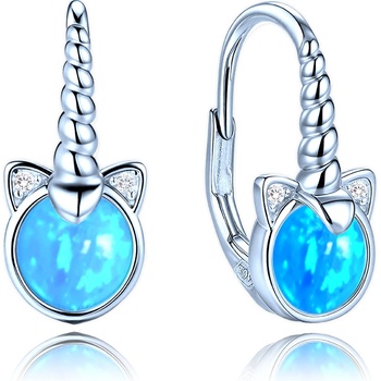 Minet dětské stříbrné náušnice jednorožci s modrými opály a bílými zirkony