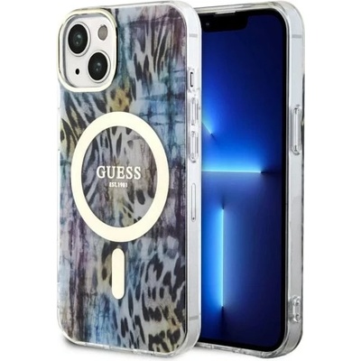 GUESS iPhone 14 6, 1" син твърд калъф Leopard MagSafe (GUHMP14SHLEOPWB)