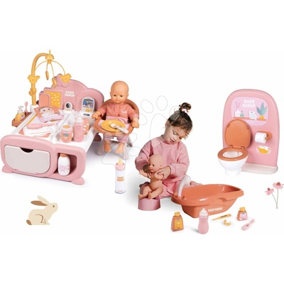 Smoby Set domček s bábikou v kúpeľni elektronický Cocoon Nursery Soft Baby Nurse so záchodom a vanička s fľakou