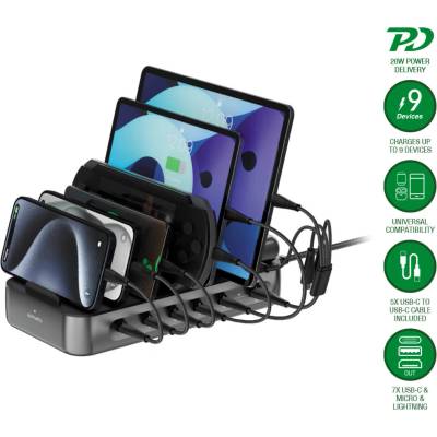 Док станция с 5xUSB-C гнезда и 4в1 кабел за зареждане на таблети и смартфони - 4smarts Team Charging Station 5C/1A 100W (тъмносин) (541805)