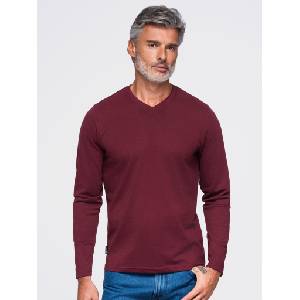 Ombre Clothing Гладка памучна тениска BASIC с дълъг ръкав и V деколте - бордо V8 OM-LSBL-0143 Ombre Clothing Ombre Clothing | Cherven | МЪЖЕ | S