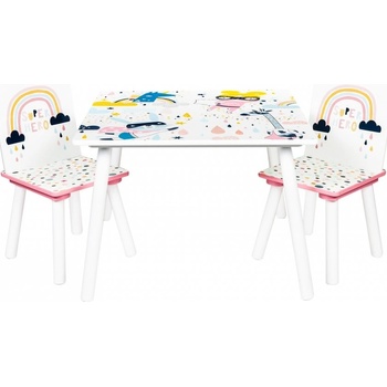 Baby Nellys detský nábytok 3 ks stôl so stoličkami Dúha biela