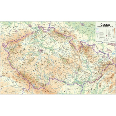 ČR obecně zeměpisná nástěnná mapa 198 x 126 cm, laminovaná s 2 lištami