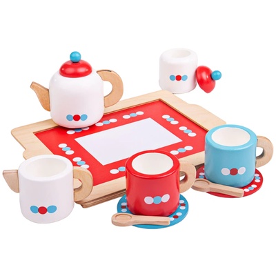 Bigjigs Toys Дървен игрален комплект Bigjigs - Сервиз за чай с поднос (BJ620)