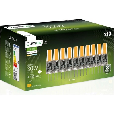 Lumiled LED žárovky G4 Sada 10 žárovek 3W = 30W 4000K Neutrální bílá 330lm 360° 12V AC/DC Mini malá žárovka Úspora energie Žádné blikání COB
