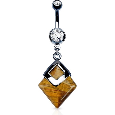 Šperky eshop visací ocelový piercing do pupíku kosočtverec s tygřím okem kulatý zirkon SP15.11