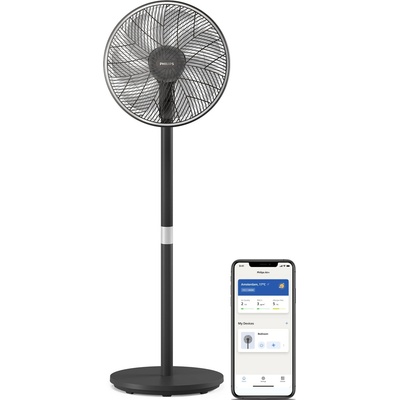 Philips Smart pedestal fan series 3000. Strong & extremely quiet SilentWings technology. 19dB. 2-in-1 table & pedestal fan. Tiltable & rotatable. App control. 12 hour timer. Black (CX3550/01)
